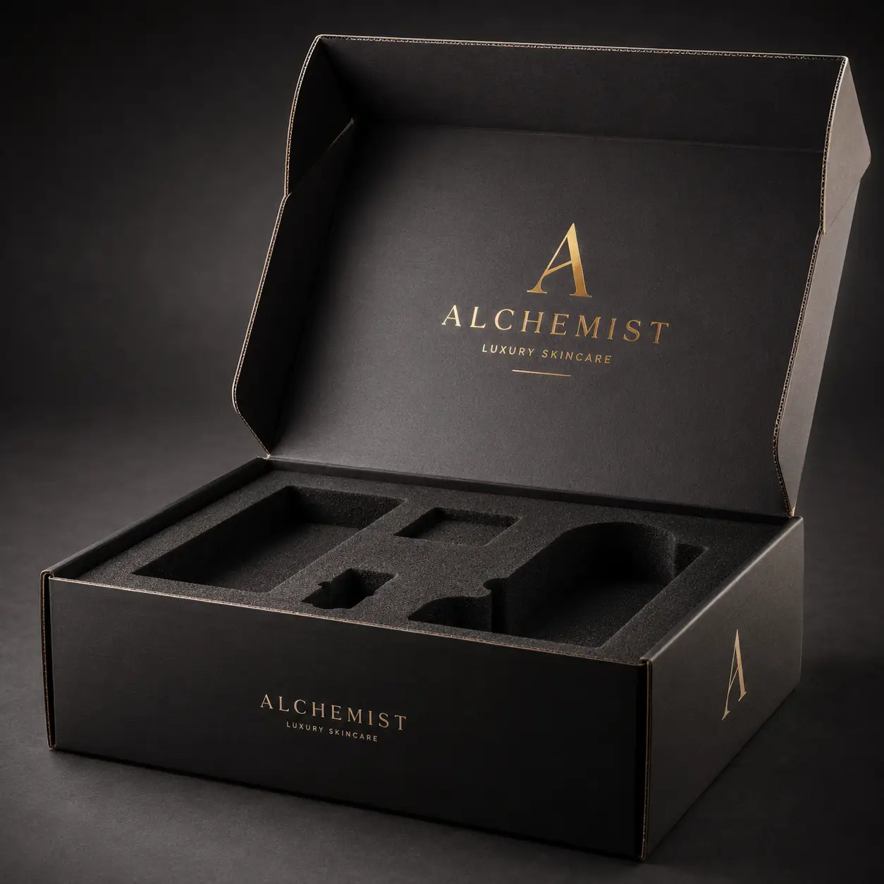 Luxury black rigid gift box with gold foil Alchemist skincare branding, open lid revealing custom foam insert cutouts
