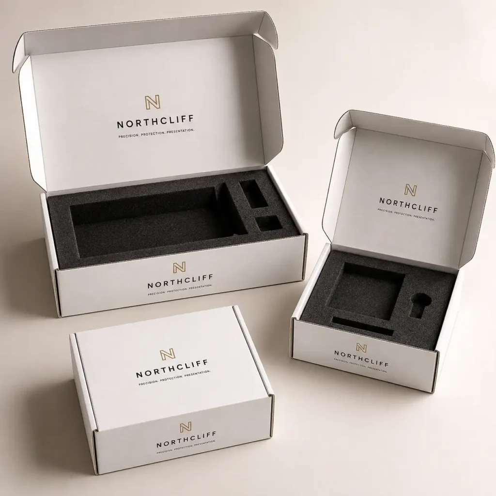 White Northcliff custom foam-insert packaging boxes in three sizes, precision protection presentation branding, luxury product packaging design