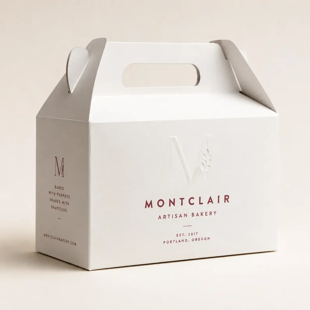 White gable bakery box with embossed M logo, burgundy Montclair Artisan Bakery branding, custom food packaging design Portland Oregon