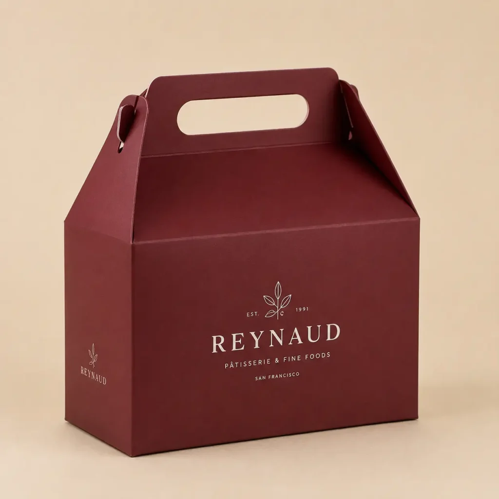 Burgundy gable gift box with handle for Reynaud Patisserie San Francisco, elegant custom food packaging design