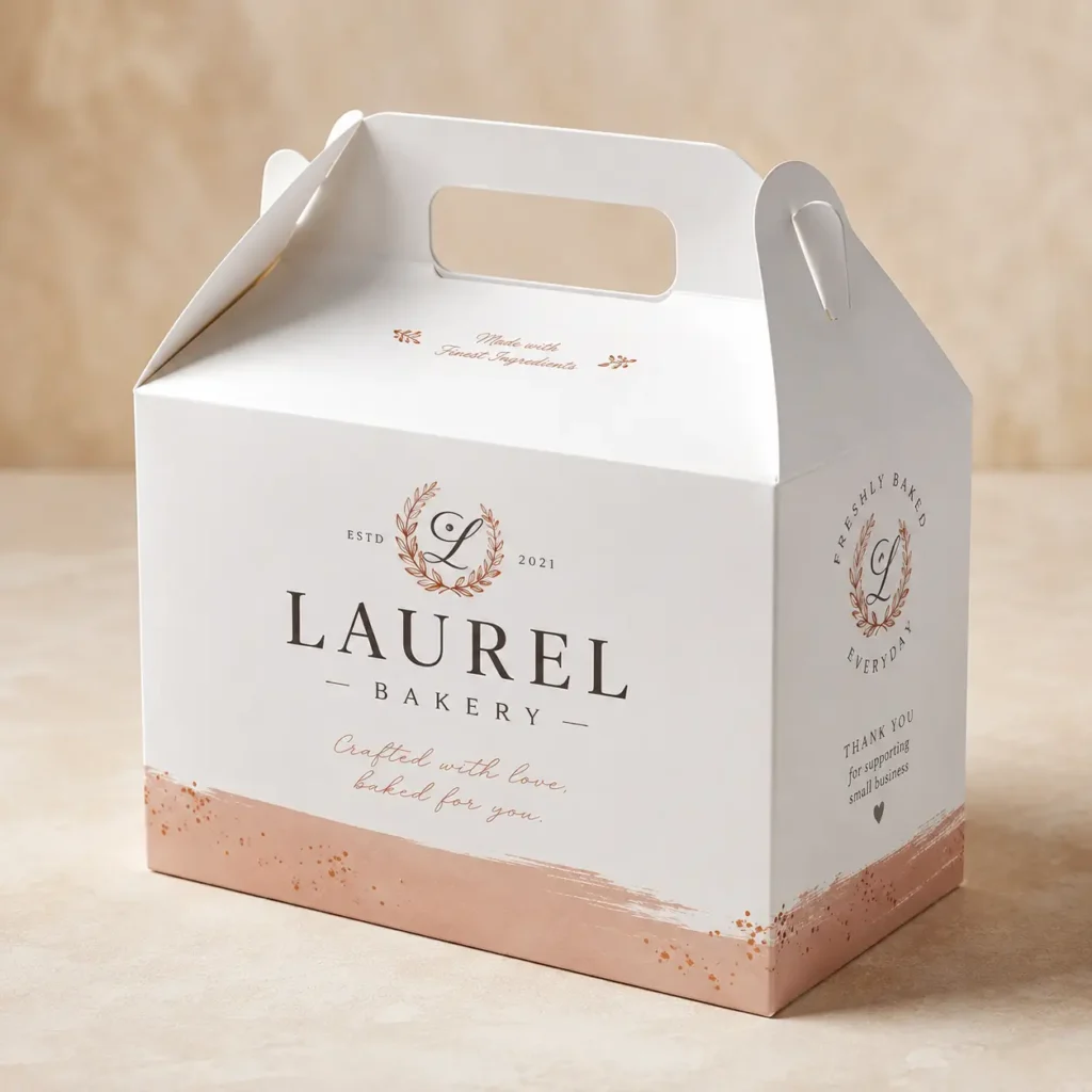 White gable bakery box with rose gold laurel wreath logo, pink brushstroke design, custom printed packaging for small business