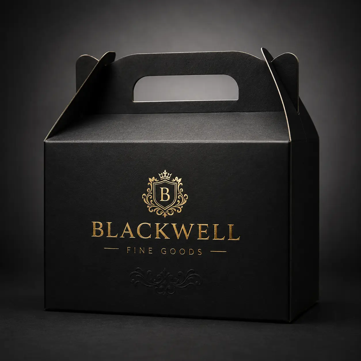 Luxury black gable box with gold foil Blackwell Fine Goods logo, premium custom packaging design by The Packaging Masters