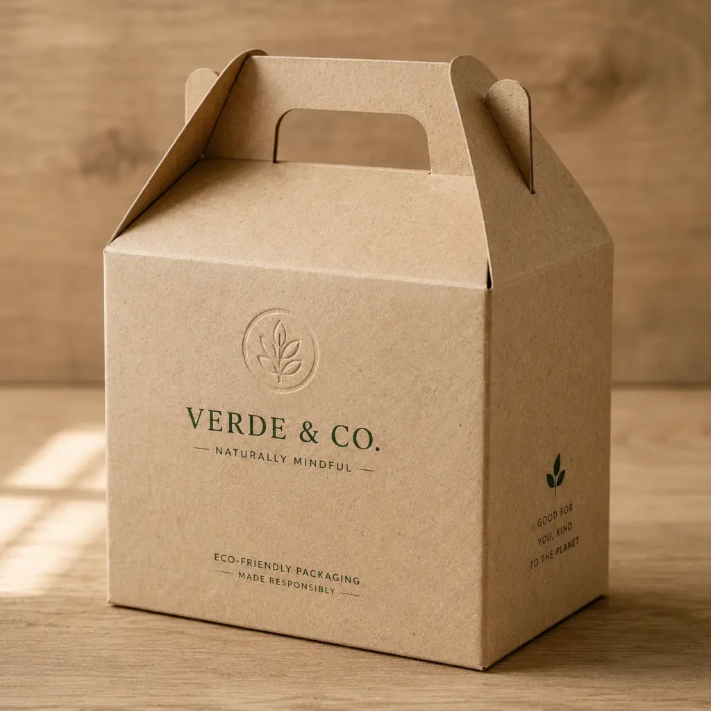 Kraft paper gable box with green Verde & Co. logo, eco-friendly packaging, natural wood background, warm sunlight