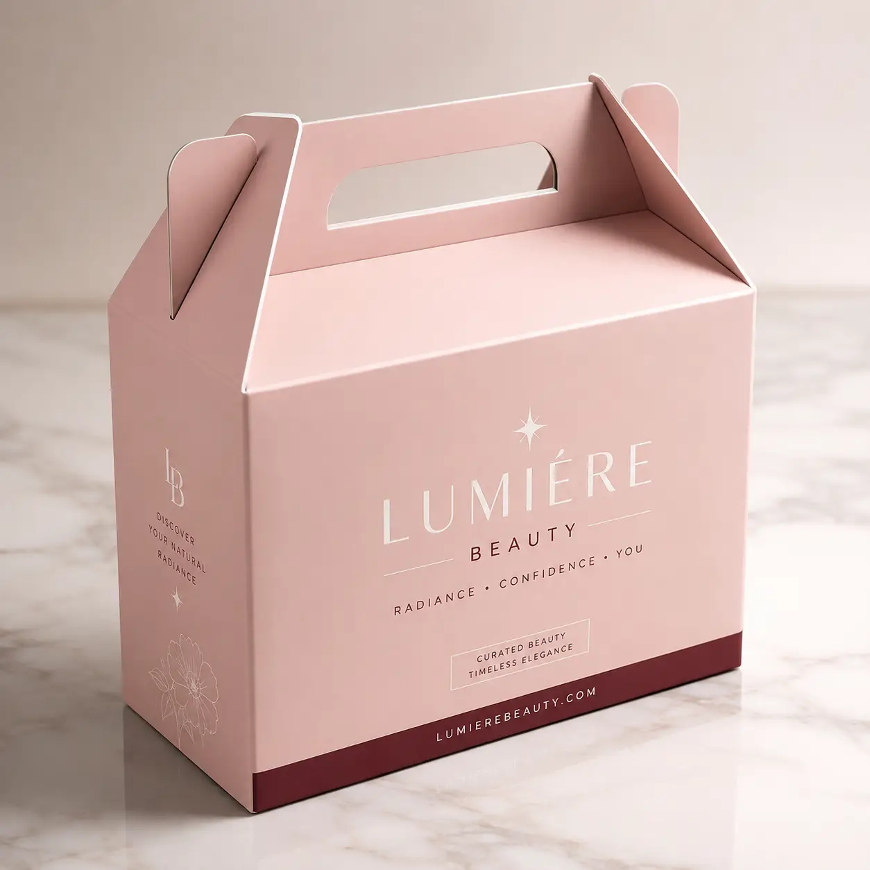 Pink gable gift box packaging for Lumière Beauty brand with rose and burgundy accents on marble surface
