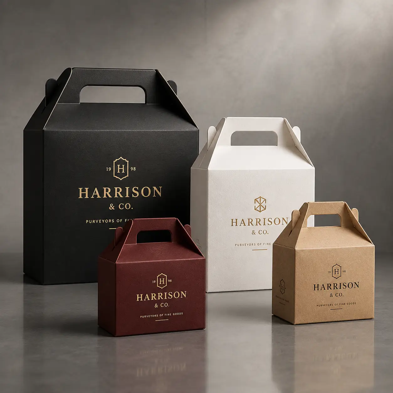 Four luxury gable boxes by Harrison & Co in black, white, burgundy, and kraft for premium custom packaging design