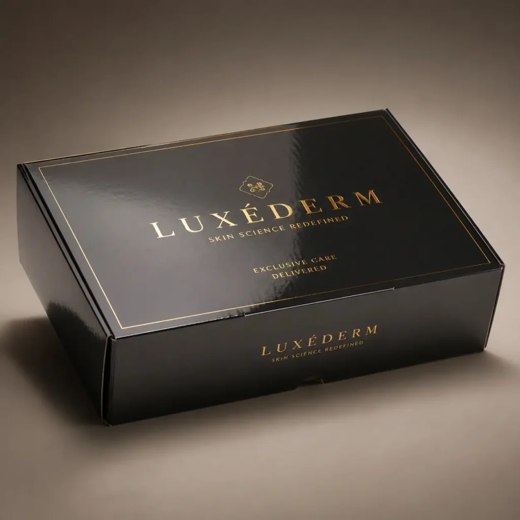 Luxéderm luxury black glossy skincare subscription box with gold foil branding, premium custom packaging design by The Packaging Masters