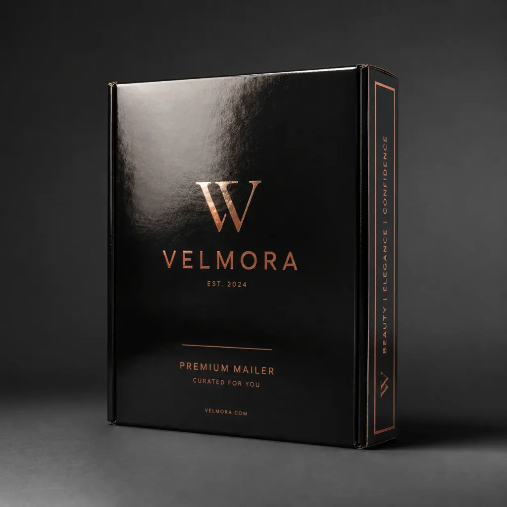 Velmora luxury black mailer box with rose gold foil branding, premium packaging design, EST. 2024, elegant unboxing experience