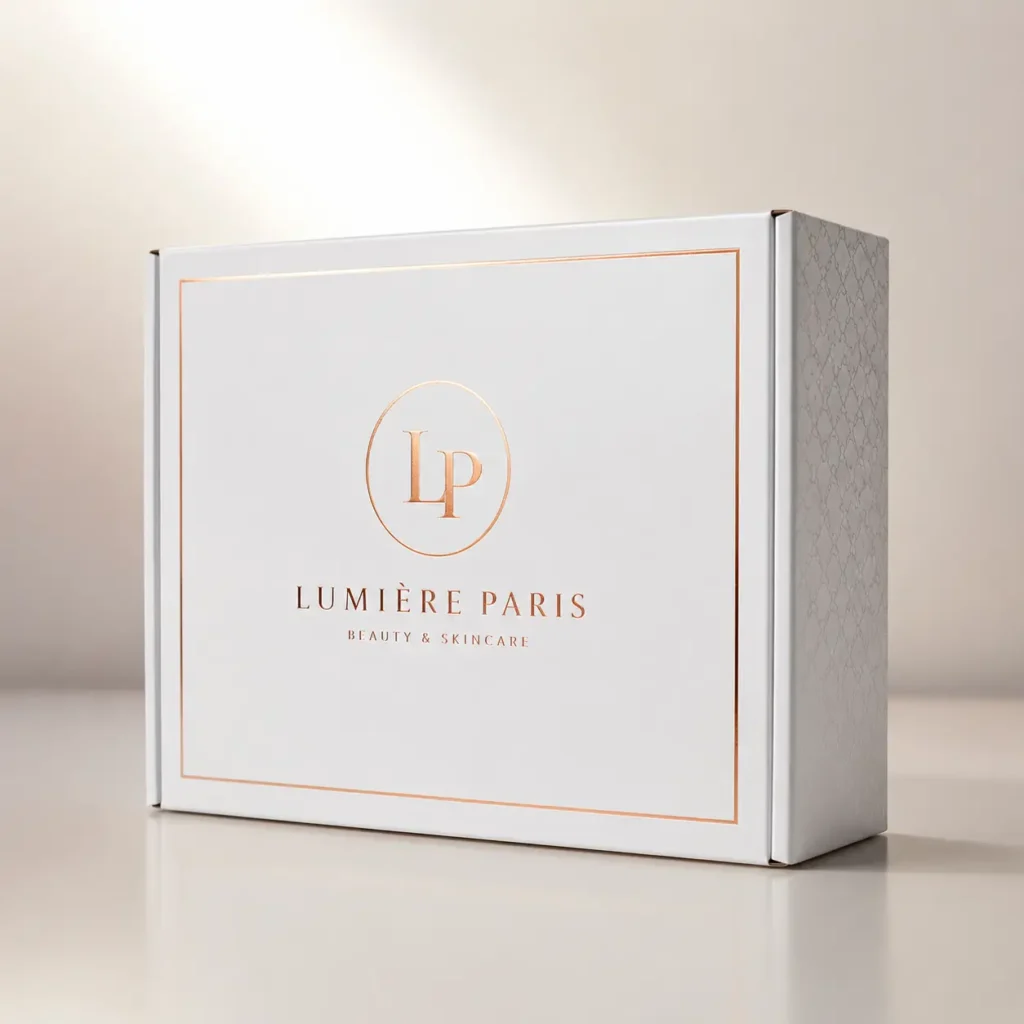 Luxury white mailer box with rose gold LP monogram logo for Lumière Paris Beauty & Skincare custom packaging design