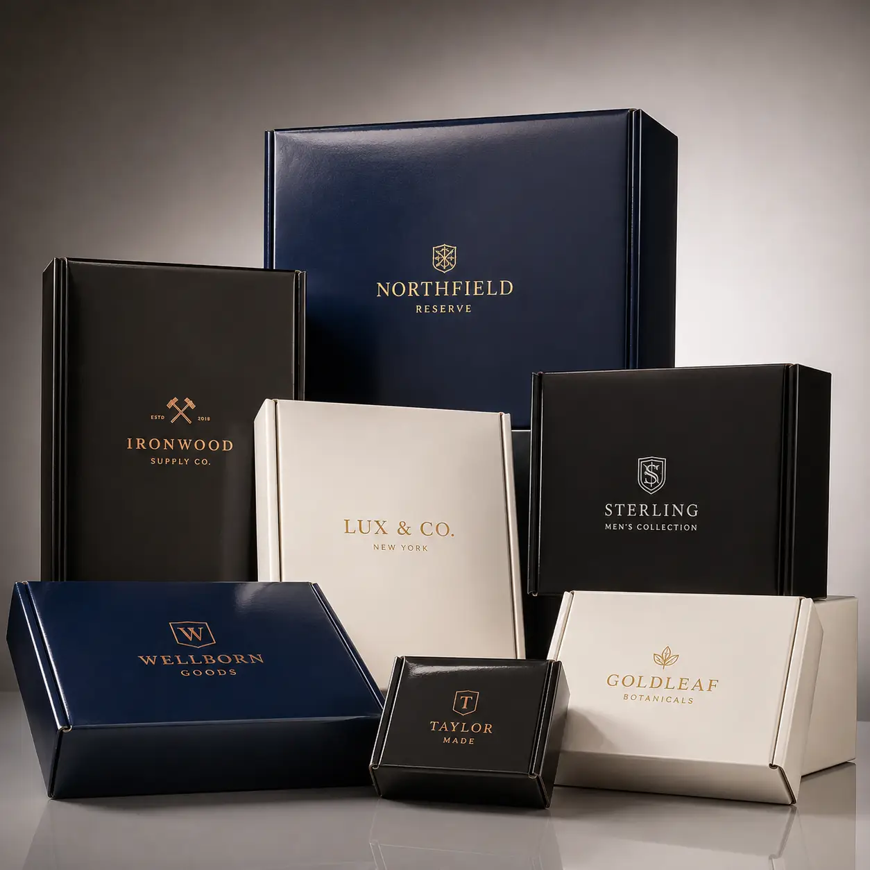 Luxury custom branded gift boxes in navy, black, and cream with gold foil logos arranged elegantly for premium packaging presentation