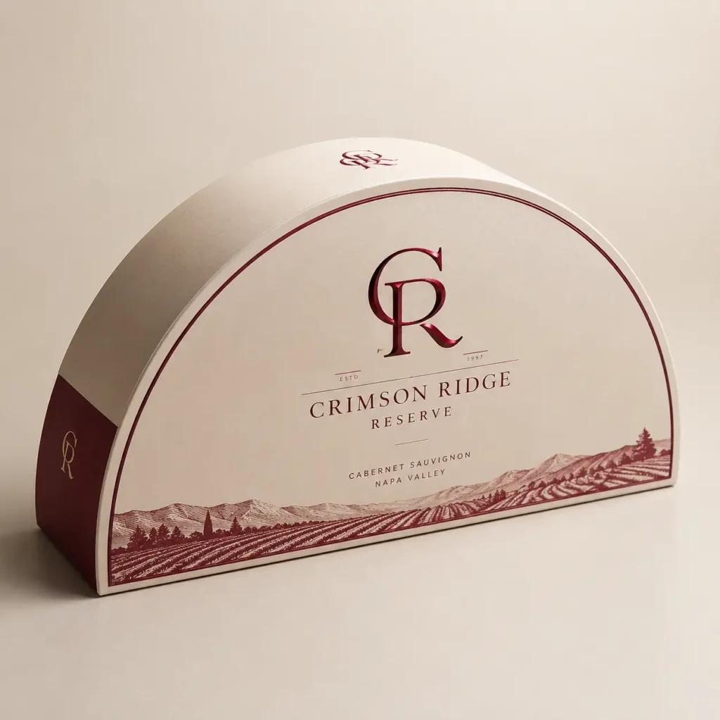 Elegant semicircular wine box packaging for Crimson Ridge Reserve Cabernet Sauvignon Napa Valley, cream and burgundy luxury design with vineyard il...