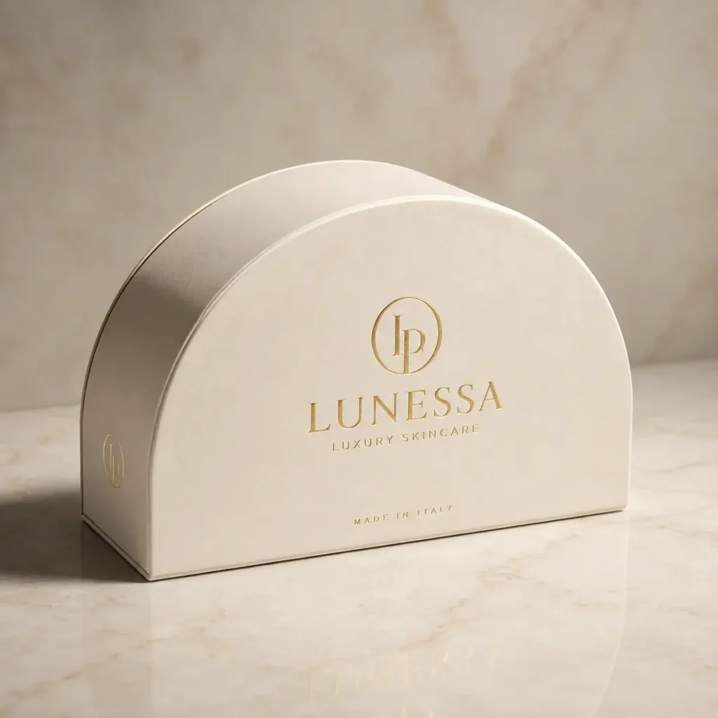 Lunessa Luxury Skincare ivory arched gift box with gold foil logo, Made in Italy, marble surface, elegant packaging design