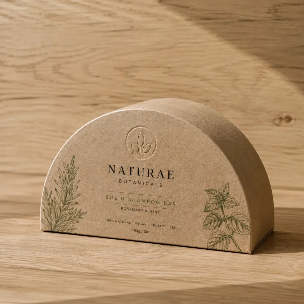 Naturae Botanicals kraft paper semicircle shampoo bar box with rosemary mint botanical illustrations on wood surface