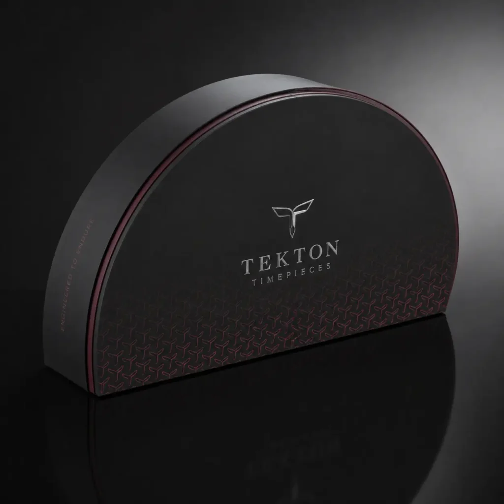 Tekton Timepieces luxury watch box packaging, semicircular black matte case with burgundy pattern and silver embossed logo