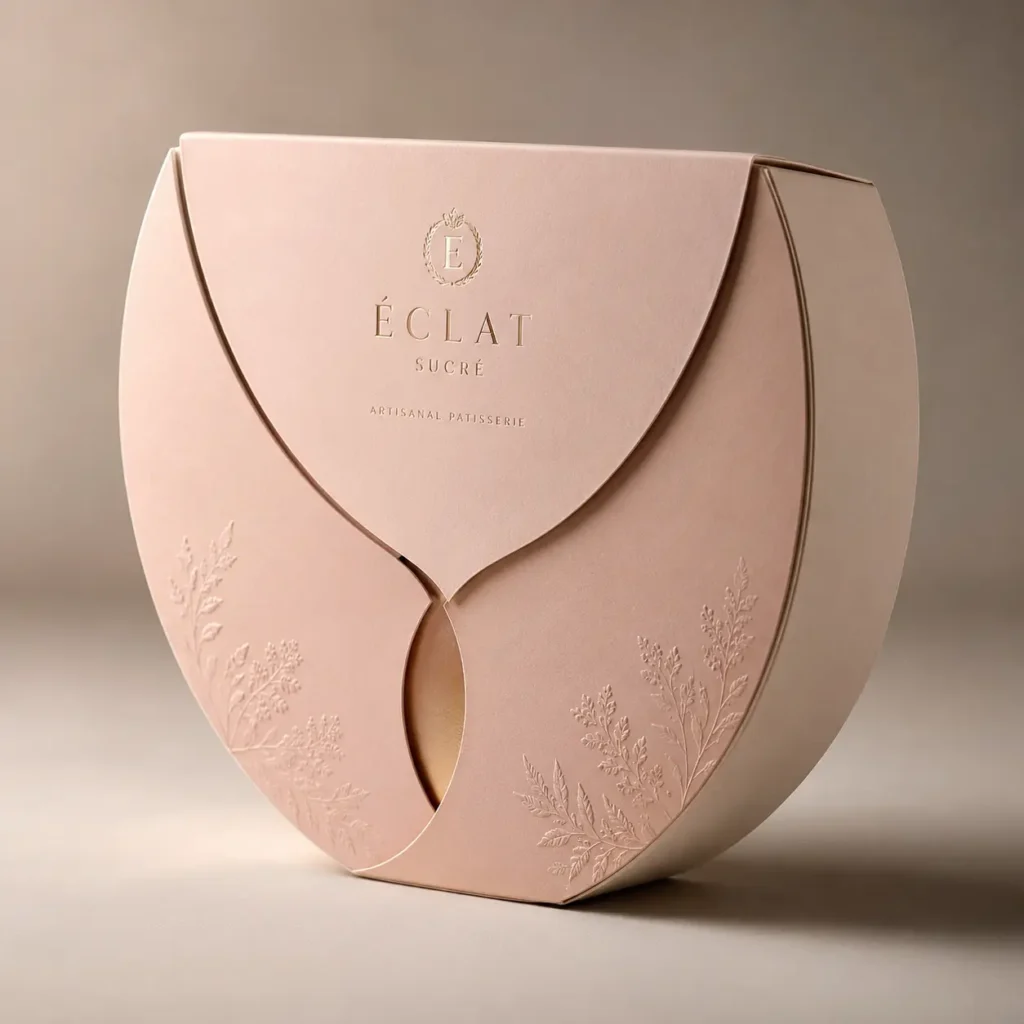 Elegant blush pink semicircular luxury patisserie box with gold embossed Éclat Sucré branding and delicate botanical details
