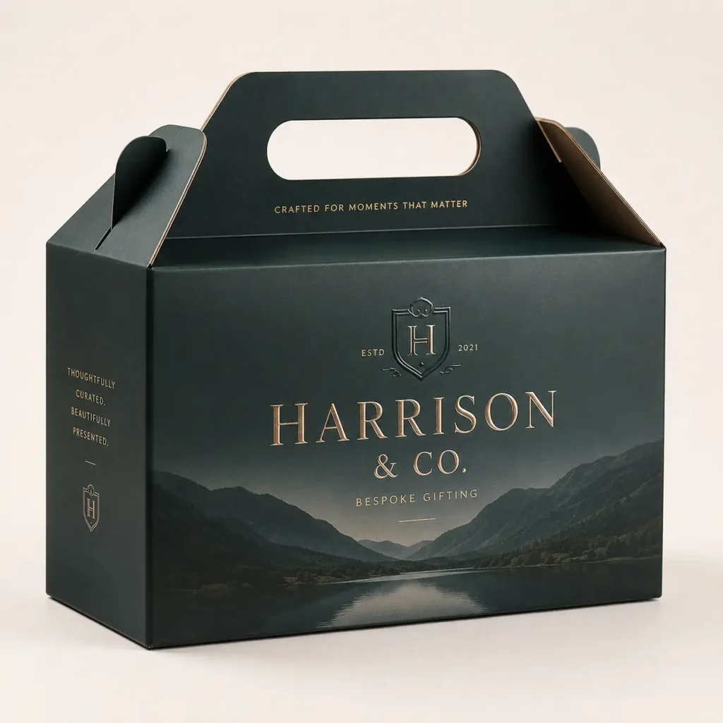 Dark green luxury gable gift box with gold foil Harrison & Co. Bespoke Gifting branding and mountain landscape print