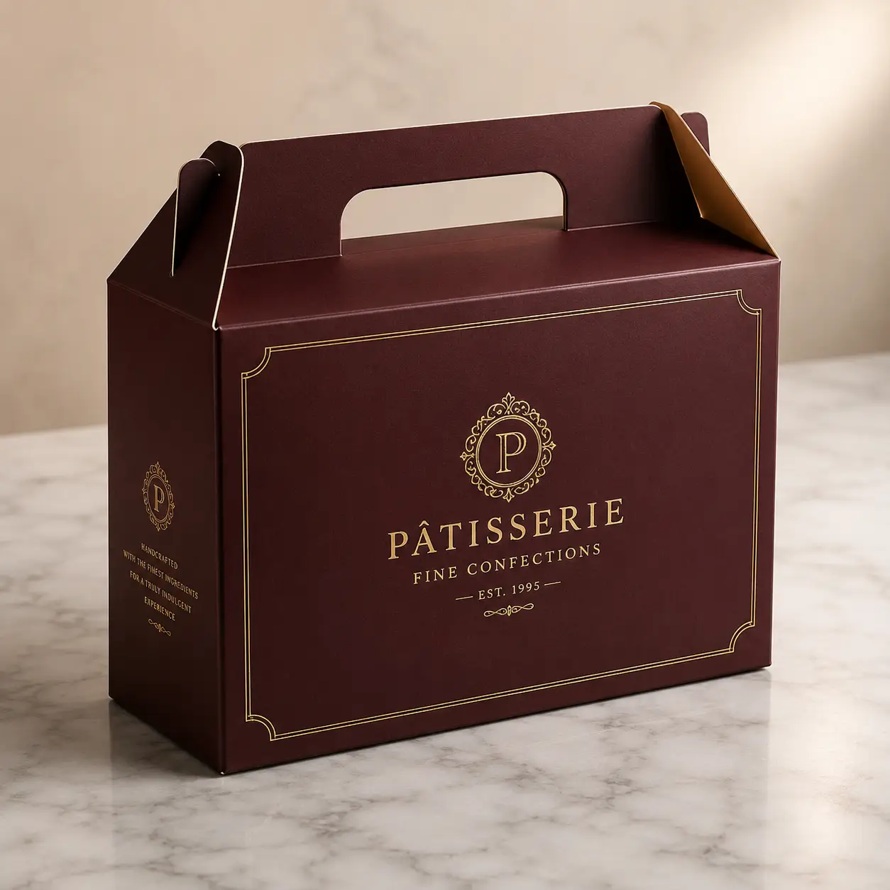 Luxury burgundy gable box with gold foil Pâtisserie Fine Confections branding on marble surface, premium bakery packaging design
