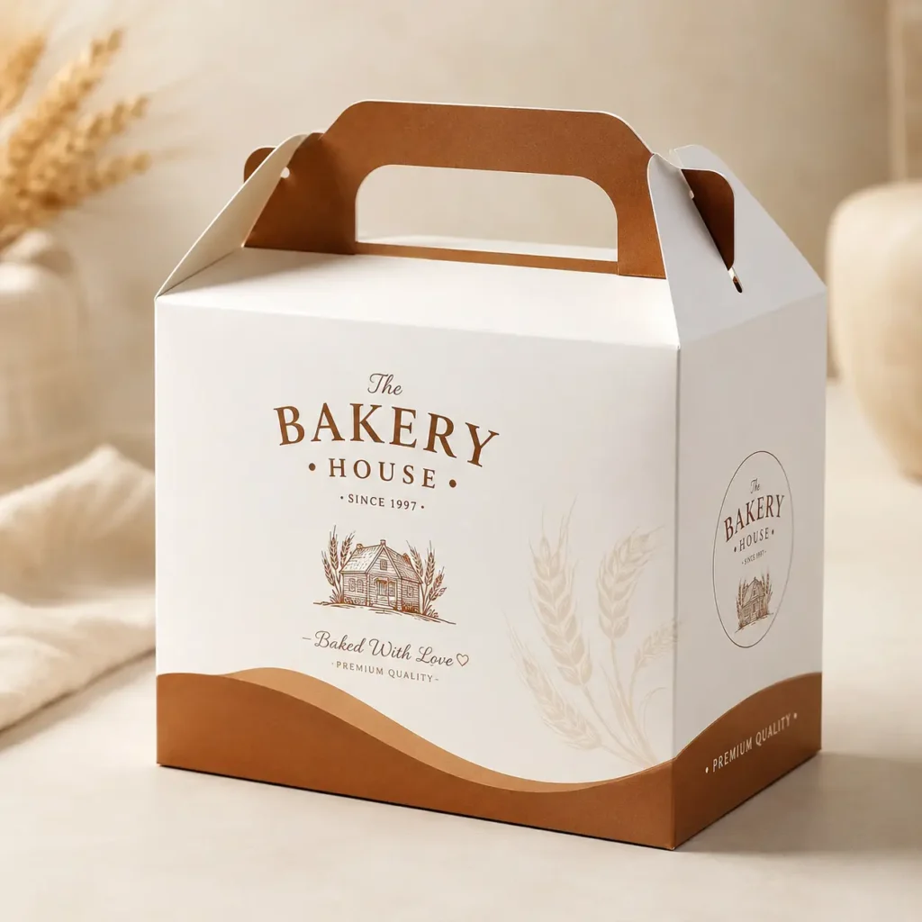 White and brown custom bakery gift box with handle, The Bakery House branding, wheat design, premium packaging by The Packaging Masters
