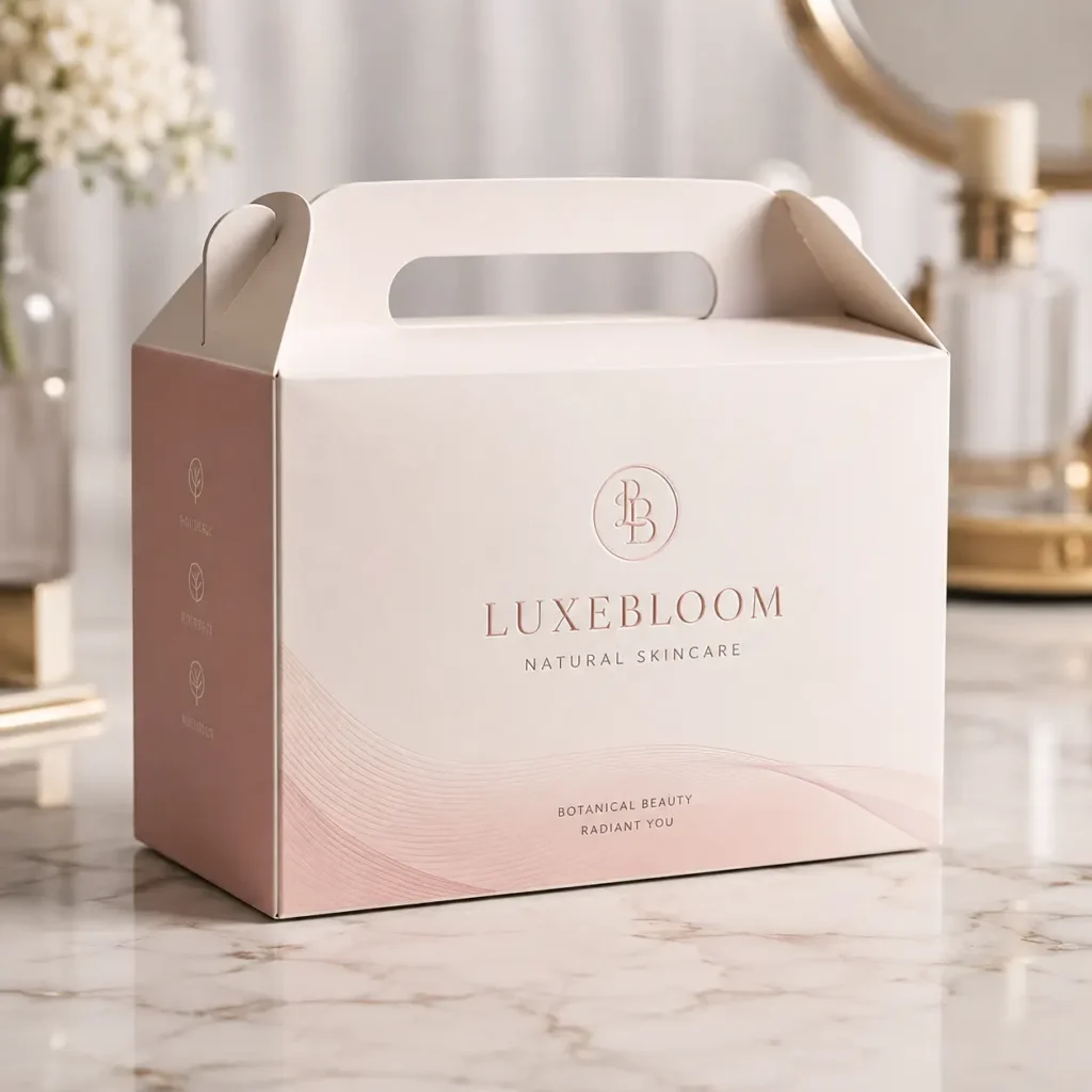 Luxebloom Natural Skincare pink gable gift box with handle on marble surface, elegant rose gold branding, luxury packaging design