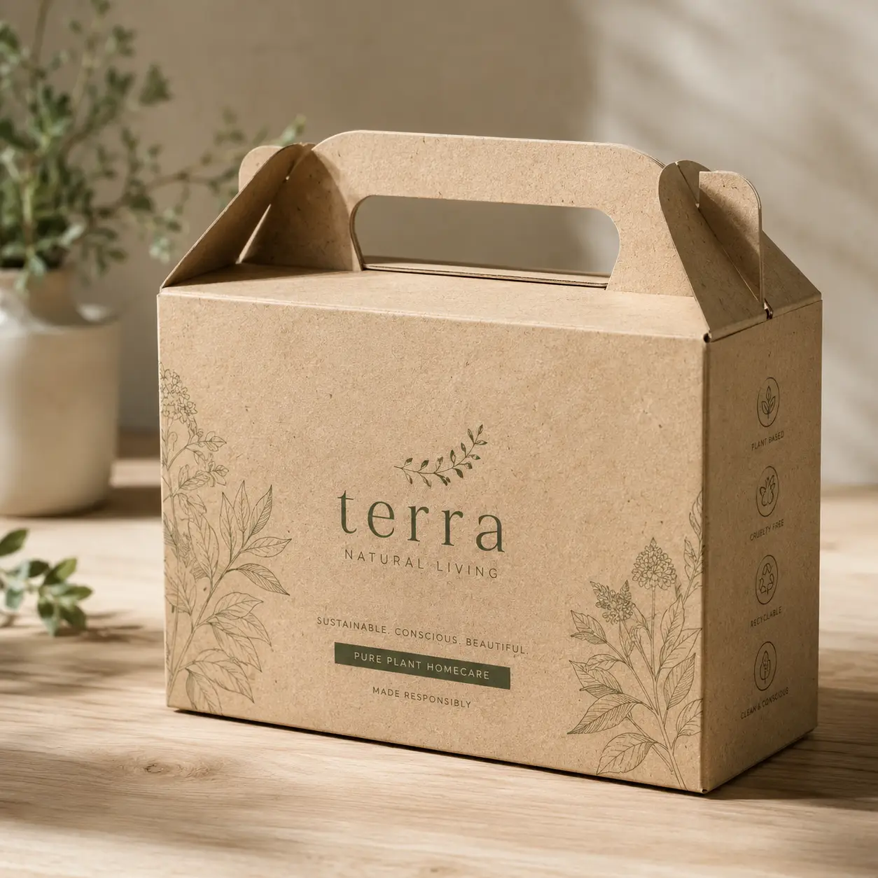 Kraft cardboard gable box with botanical illustrations, Terra Natural Living eco-friendly homecare packaging on wooden surface