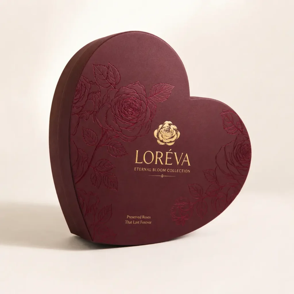 Loreva Eternal Bloom Collection heart-shaped burgundy luxury gift box with gold embossed roses and preserved flowers branding