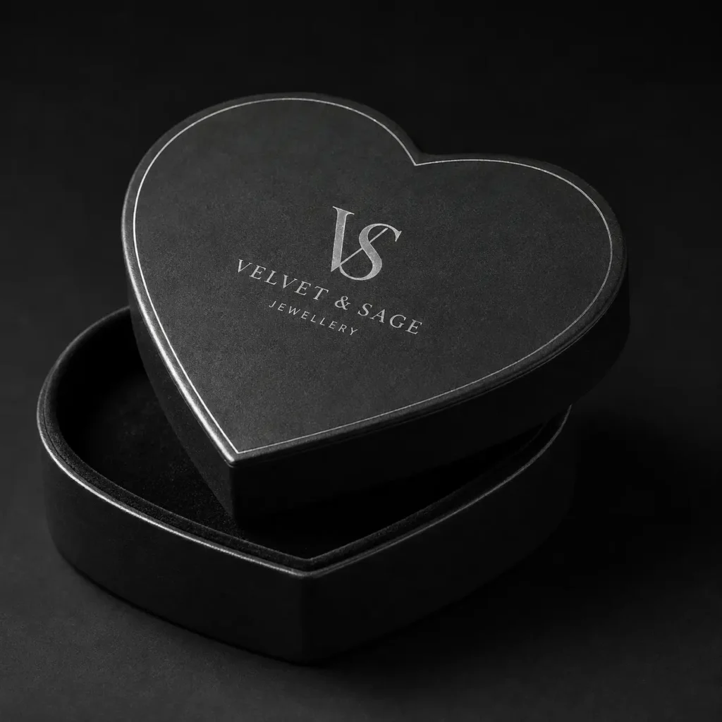 Black heart-shaped luxury jewellery box with silver VS Velvet & Sage logo, elegant matte finish packaging design