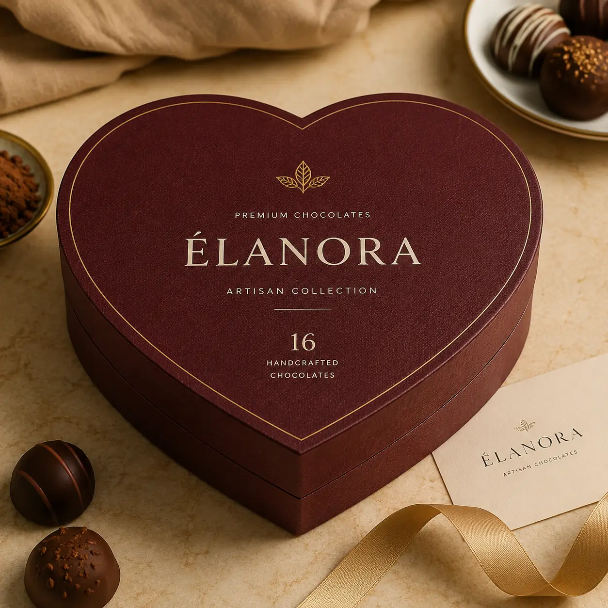 Élanora premium chocolate gift box heart-shaped burgundy packaging with gold foil typography, artisan collection, 16 handcrafted chocolates