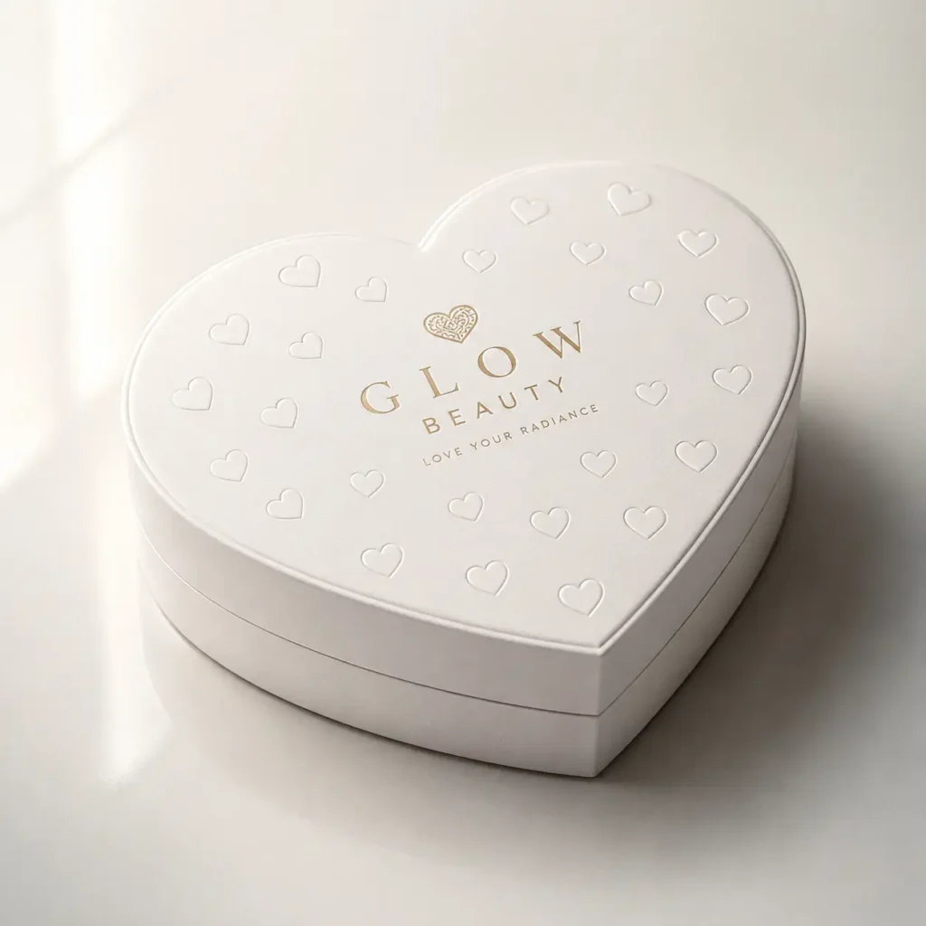 White heart-shaped luxury beauty gift box with gold Glow Beauty branding and embossed heart pattern, elegant packaging design