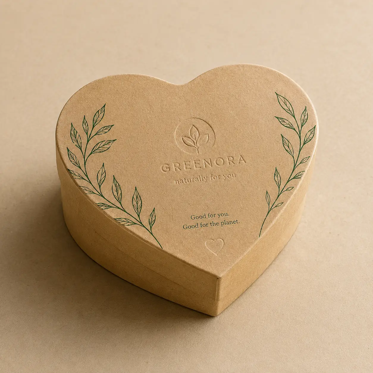Heart-shaped kraft paper gift box with green botanical leaf prints, Greenora eco-friendly sustainable packaging design