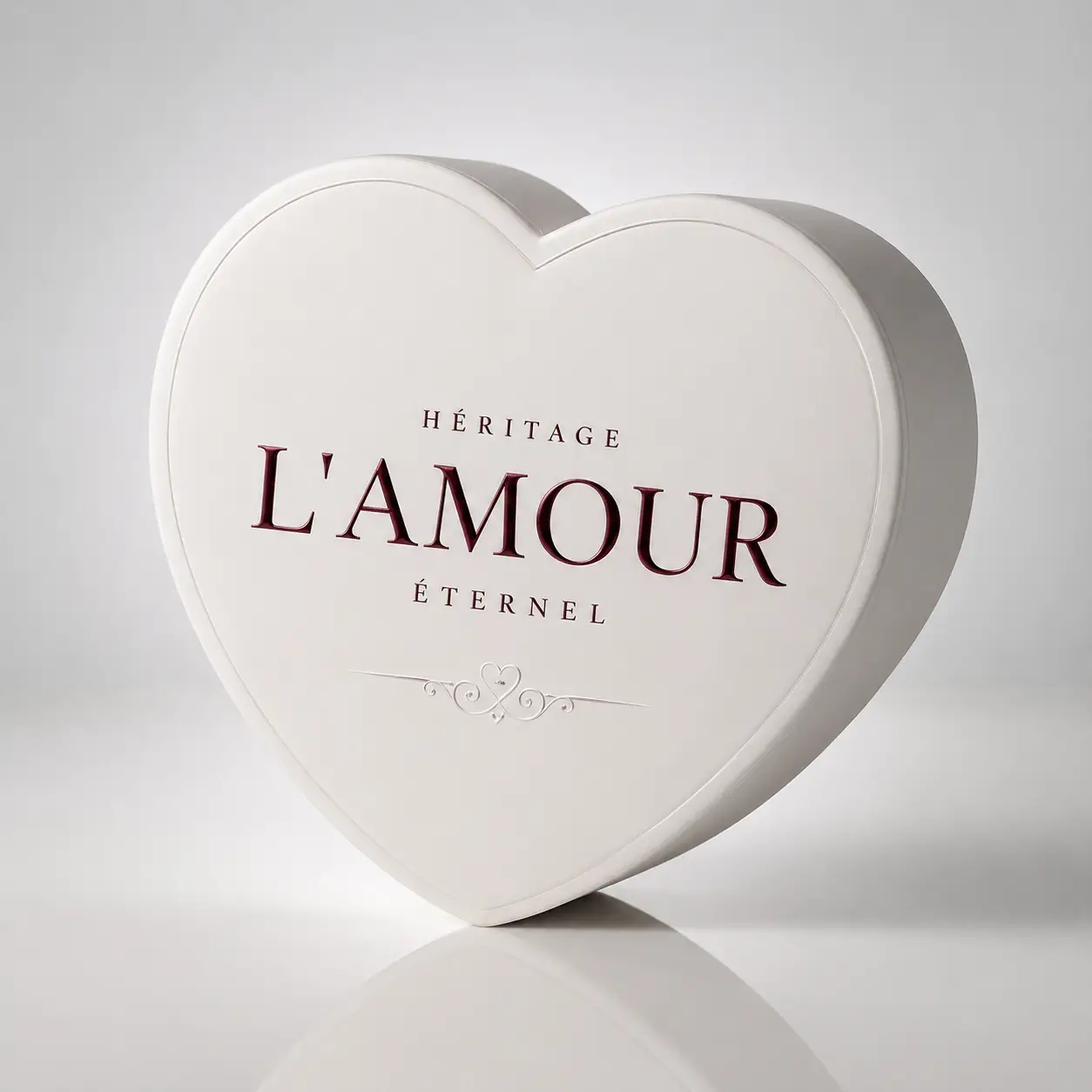 White heart-shaped luxury gift box with deep burgundy L'Amour Éternel embossed text, elegant custom packaging design