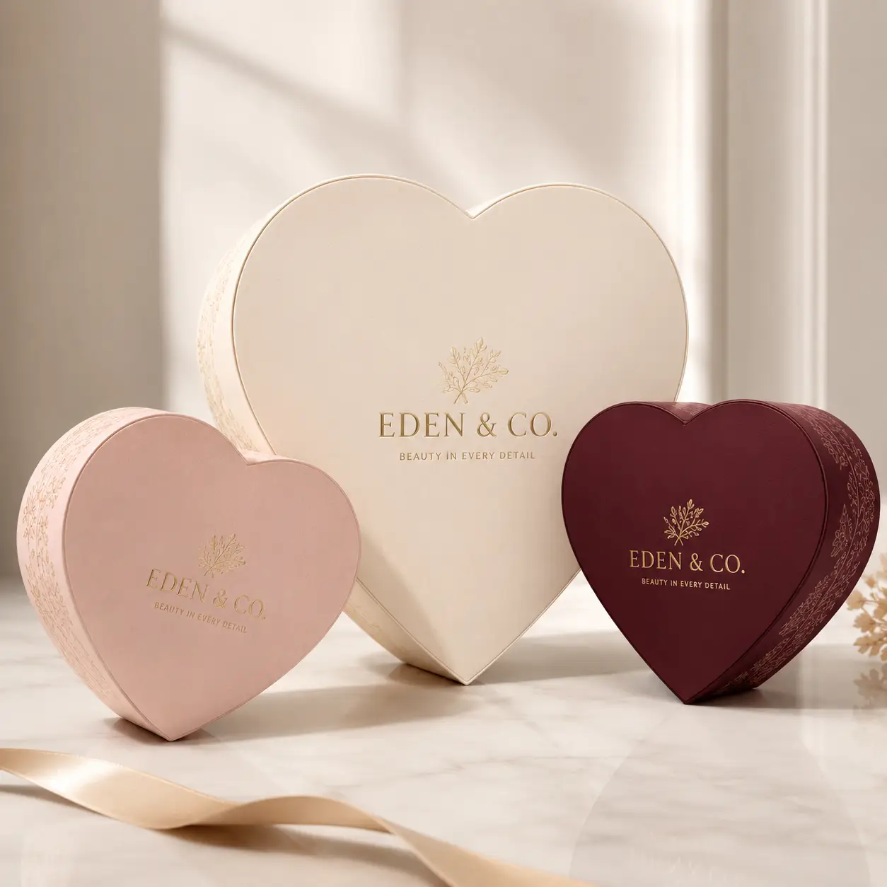 Three heart-shaped luxury gift boxes in cream, blush pink, and burgundy with gold Eden & Co. branding on marble surface