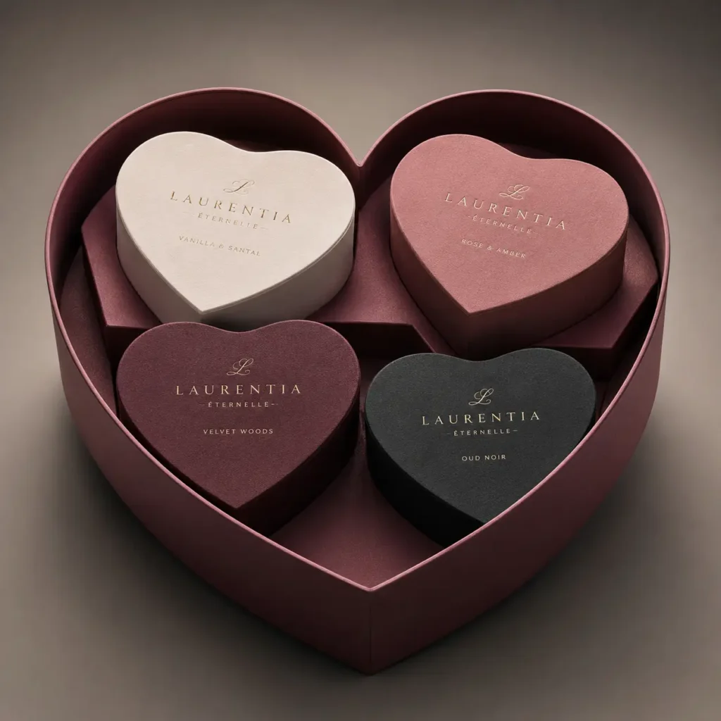 Laurentia Éternelle luxury heart-shaped gift box set in burgundy, blush, ivory, and black with gold foil branding