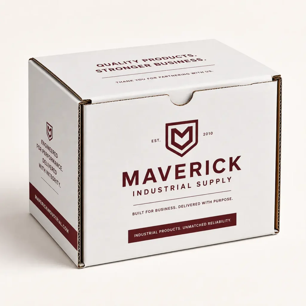 White corrugated mailer box with dark red Maverick Industrial Supply logo, shield emblem, EST. 2010, custom branded shipping packaging