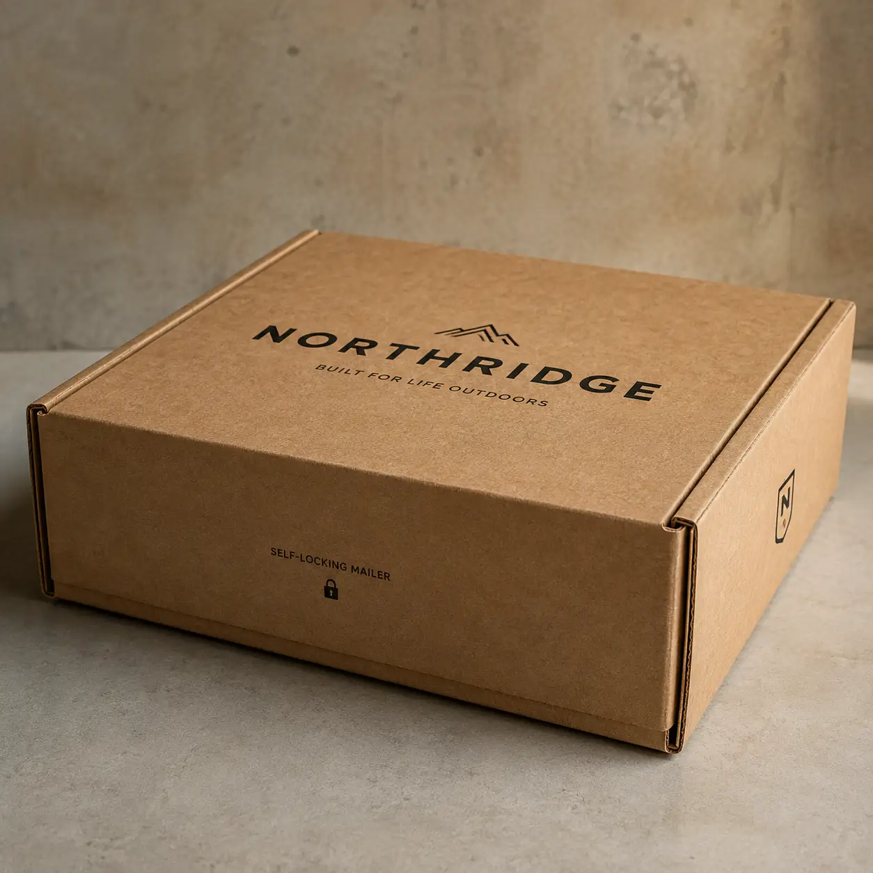 Kraft brown Northridge self-locking mailer box on concrete surface, custom printed corrugated packaging built for life outdoors