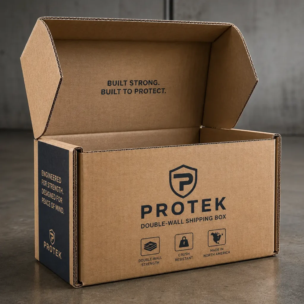 Open kraft brown Protek double-wall shipping box with navy blue branding, crush-resistant corrugated cardboard, made in North America