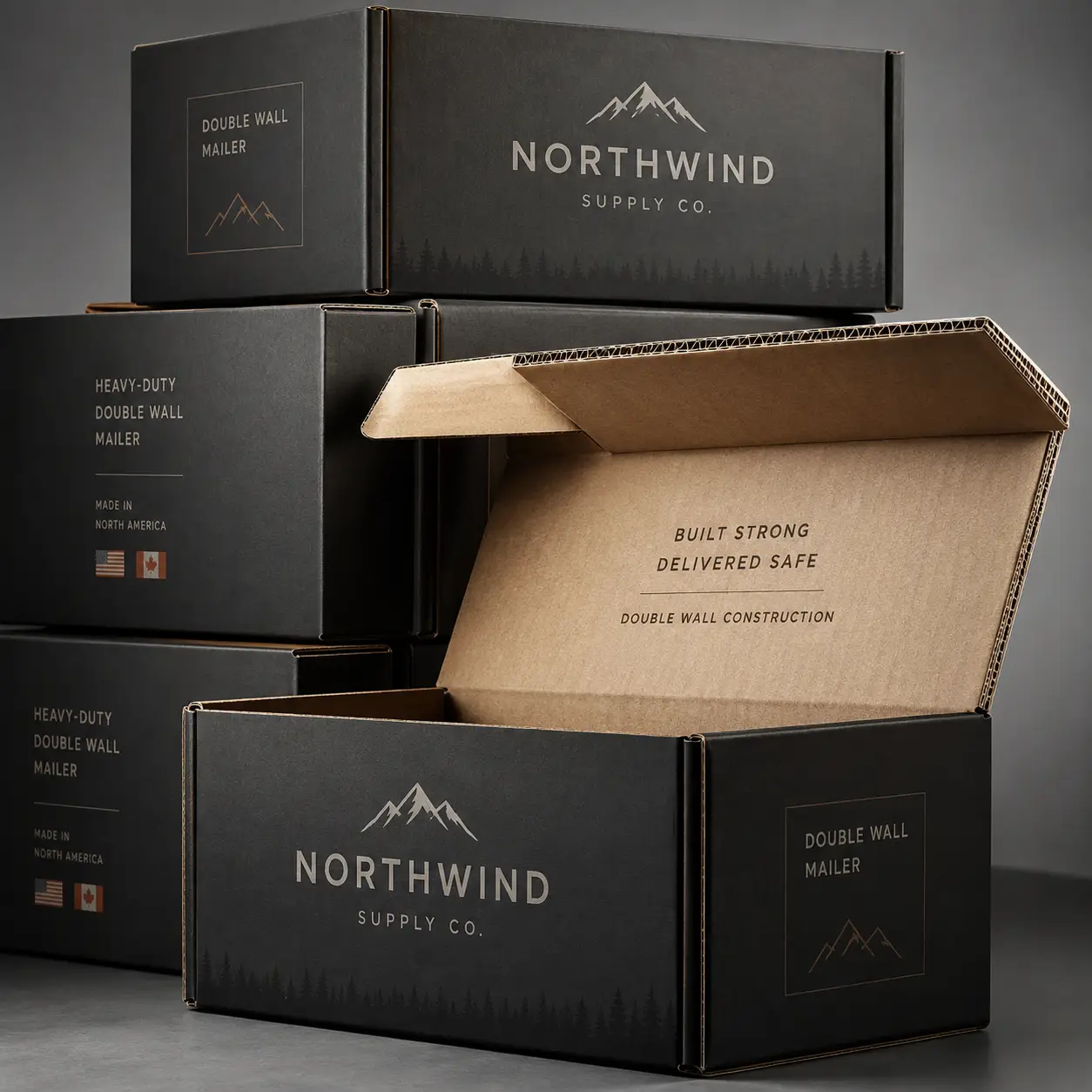 Dark matte black Northwind Supply Co. double wall corrugated mailer boxes stacked, one open showing kraft interior, heavy-duty shipping packaging