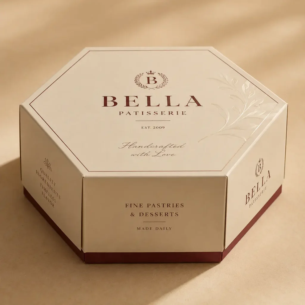 Elegant hexagonal cream and burgundy Bella Patisserie pastry box with embossed floral design, luxury custom food packaging