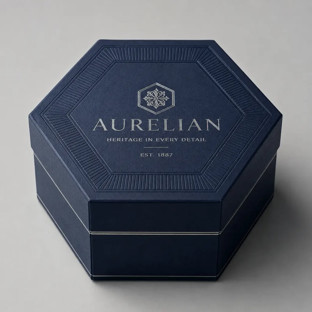 Navy blue hexagonal luxury gift box with silver foil Aurelian branding, Heritage In Every Detail, Est. 1887, premium packaging design