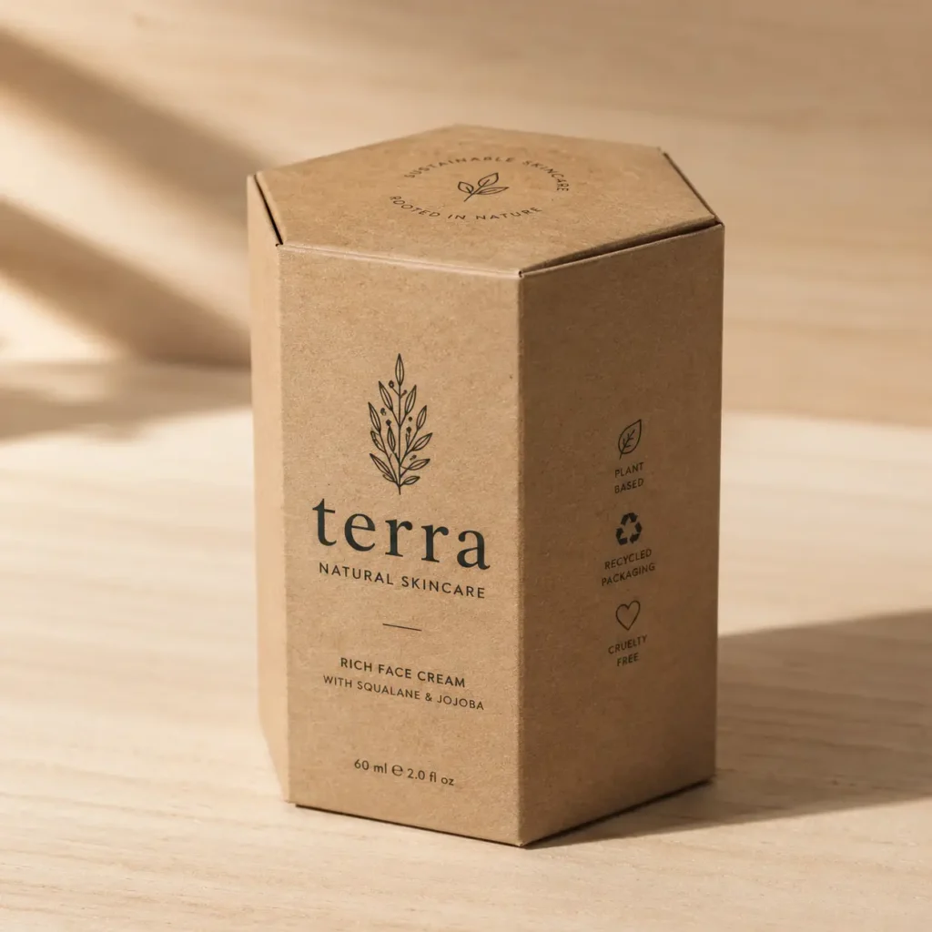 Kraft brown hexagonal eco-friendly skincare box for Terra Natural Skincare Rich Face Cream with squalane, cruelty-free sustainable packaging