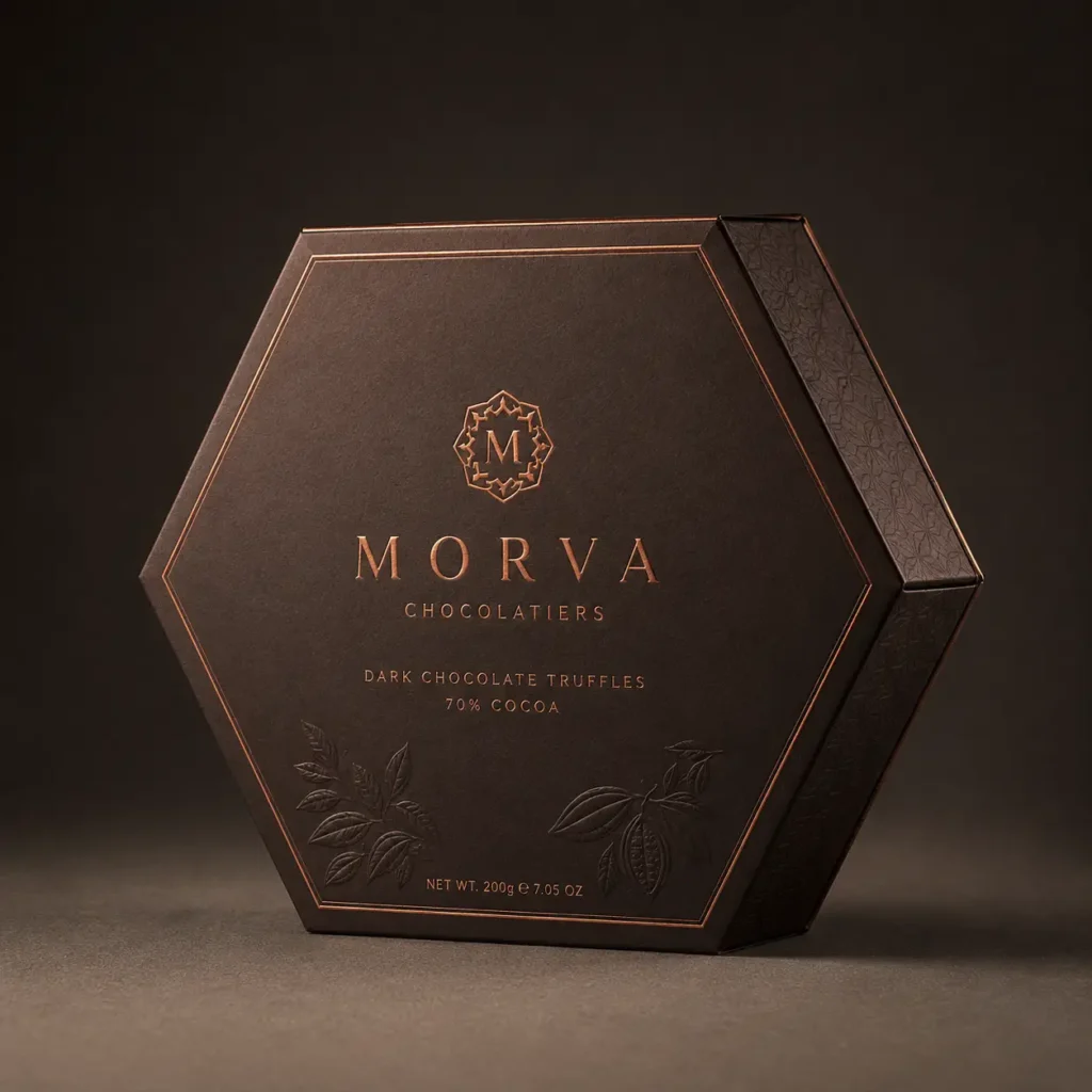 Morva Chocolatiers hexagonal dark brown luxury chocolate truffle box with rose gold foil branding, 70% cocoa, premium packaging design