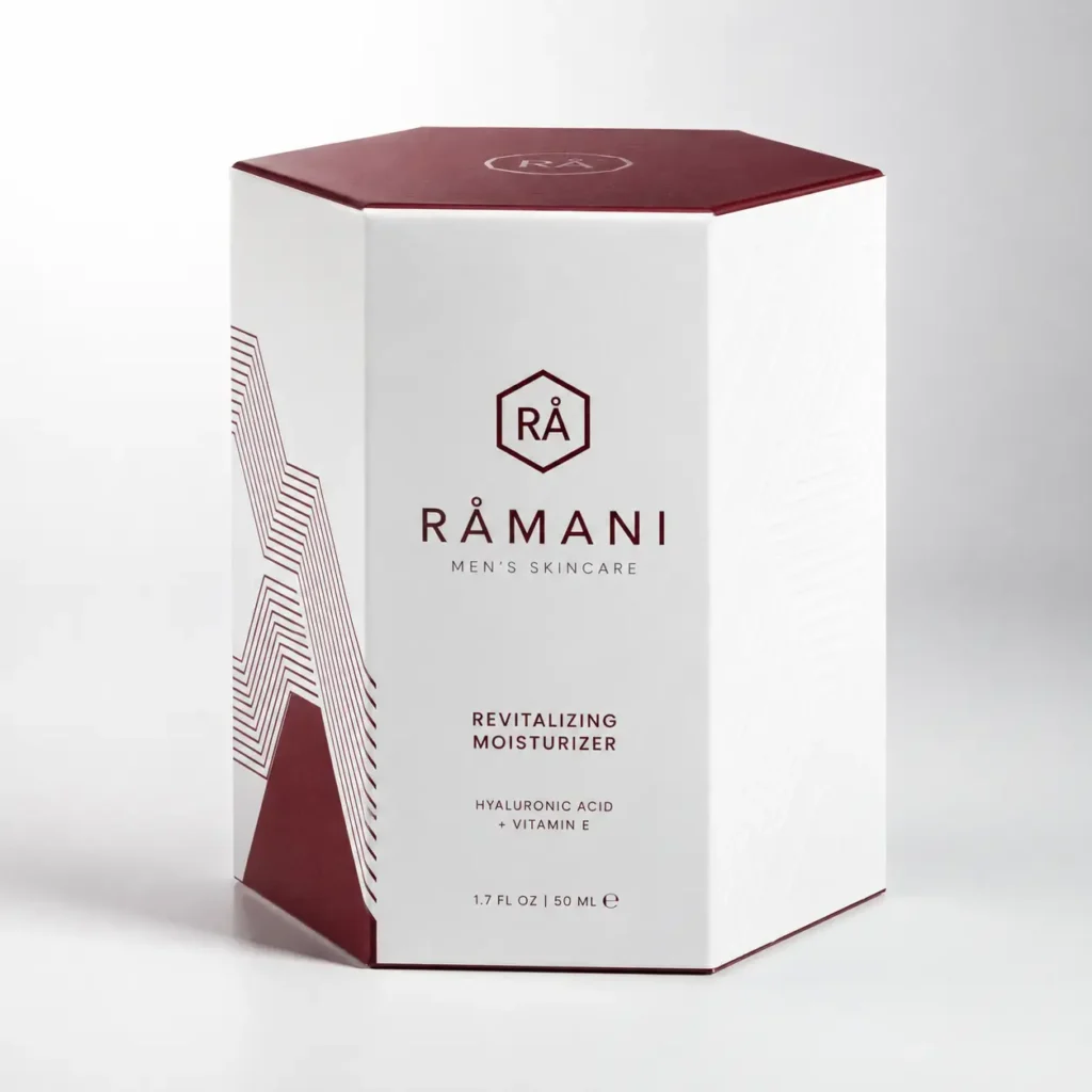 Ramani Men's Skincare Revitalizing Moisturizer hexagonal white and burgundy luxury product packaging box design