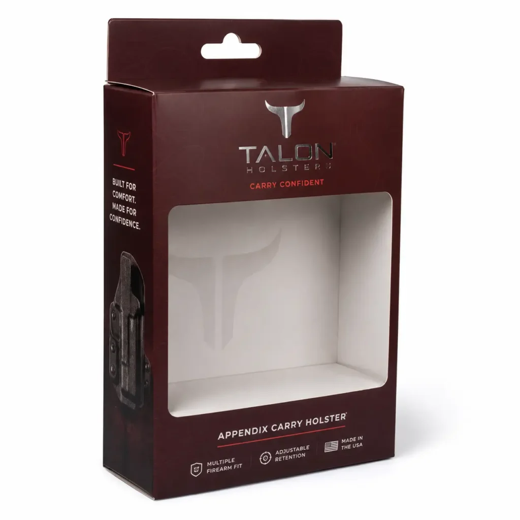 Dark red Talon Holsters appendix carry holster retail box with window display, Made in USA, adjustable retention packaging design