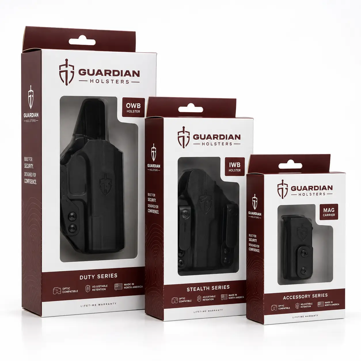 Guardian Holsters product packaging lineup: OWB Duty Series, IWB Stealth Series, and Mag Carrier Accessory Series in dark red and white boxes