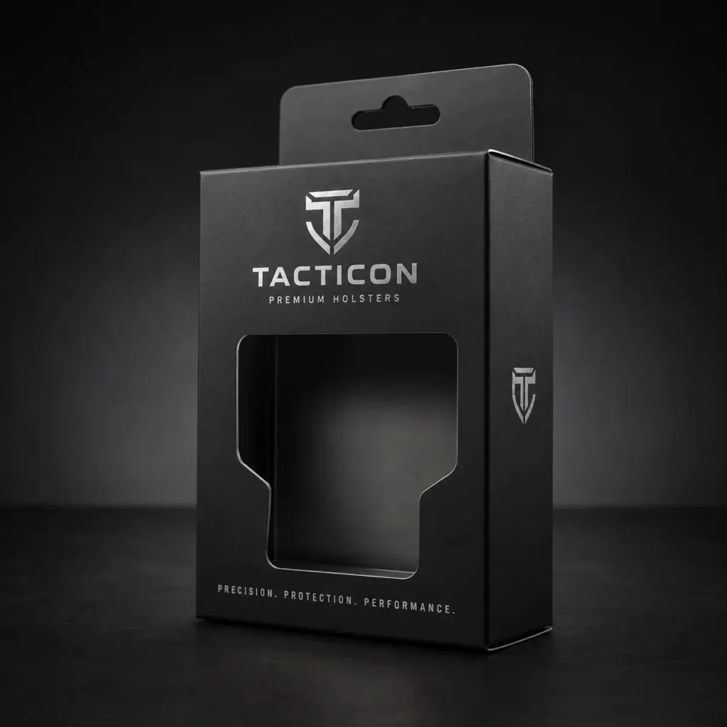 Black Tacticon Premium Holsters retail box with silver logo, hang tab, display window, matte finish packaging design
