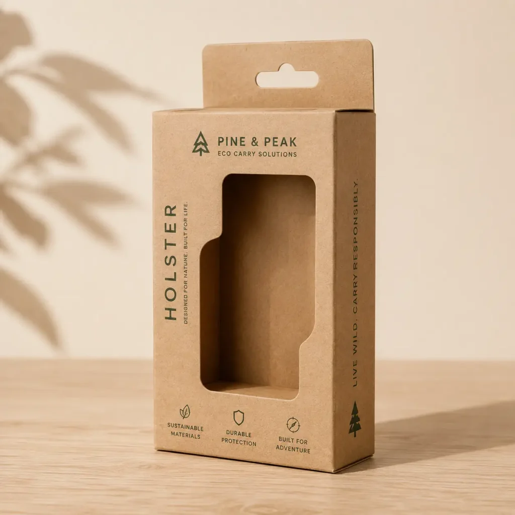 Kraft brown eco-friendly holster packaging box by Pine & Peak with window cutout, sustainable cardboard retail packaging design