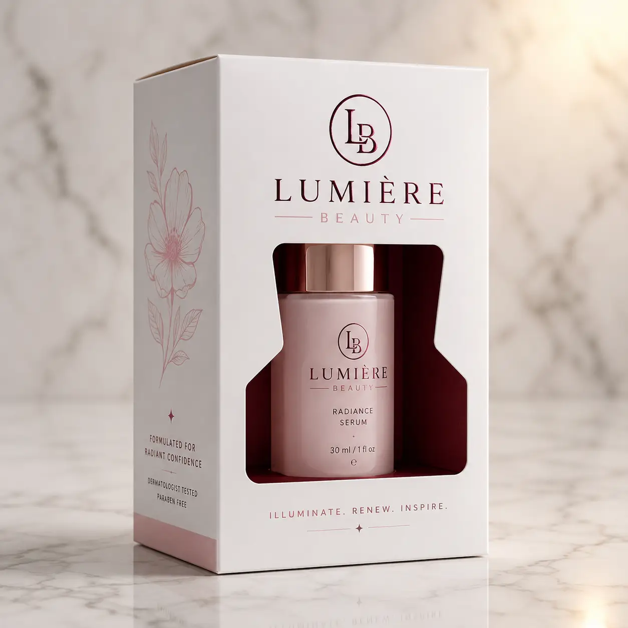Lumière Beauty Radiance Serum 30ml in elegant white and rose gold luxury skincare packaging on marble surface