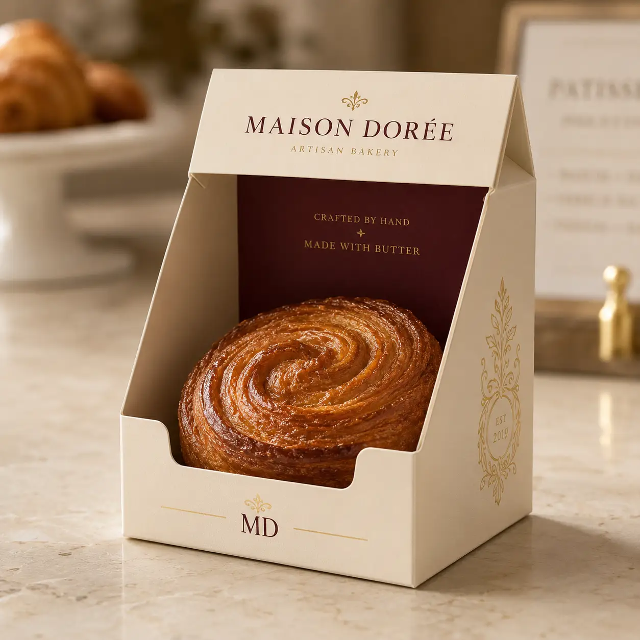Luxury cream gold bakery packaging box holding flaky kouign-amann pastry, Maison Dorée artisan bakery branding, marble counter