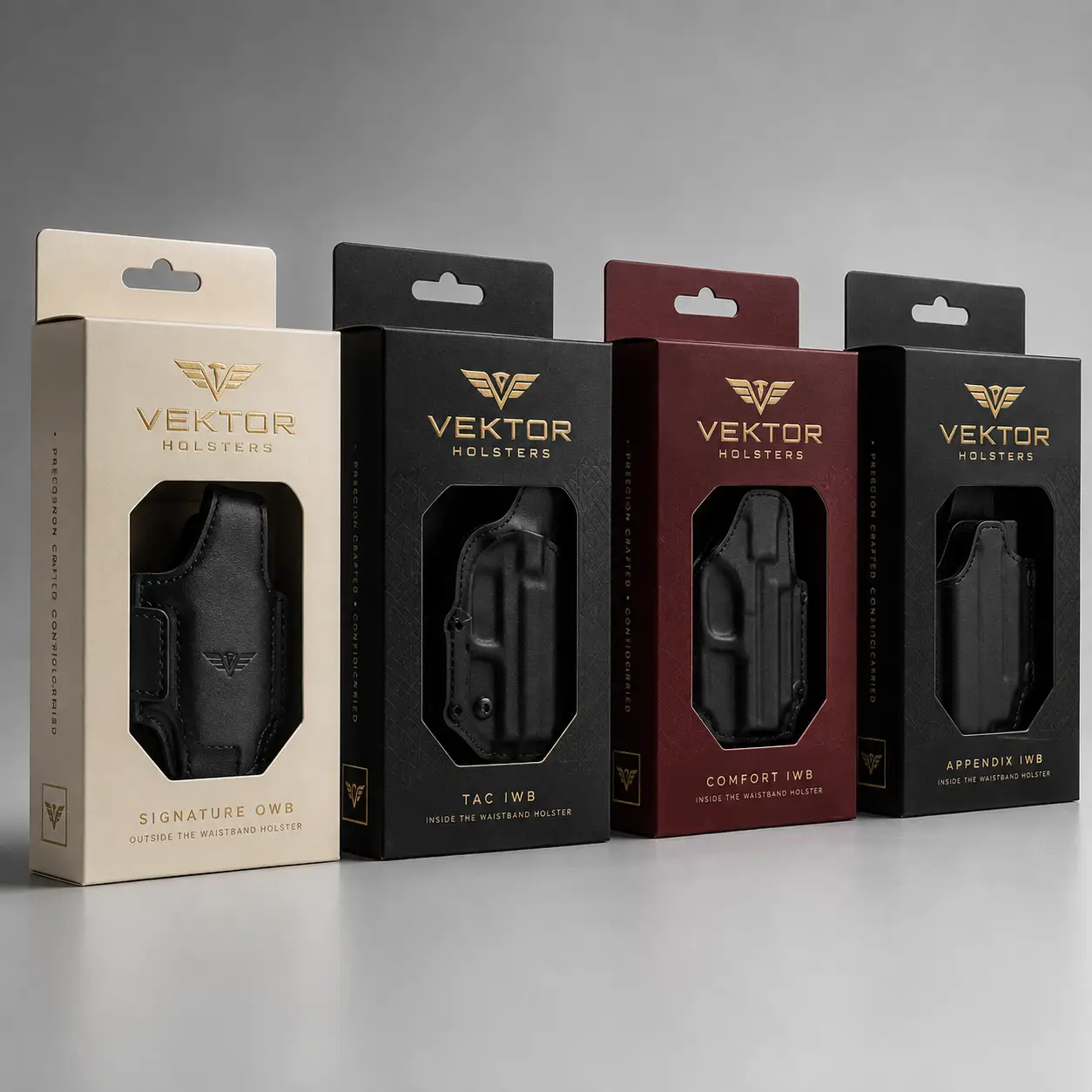 Four Vektor Holsters product boxes in cream, black, and burgundy displaying Signature OWB, TAC IWB, Comfort IWB, and Appendix IWB holsters