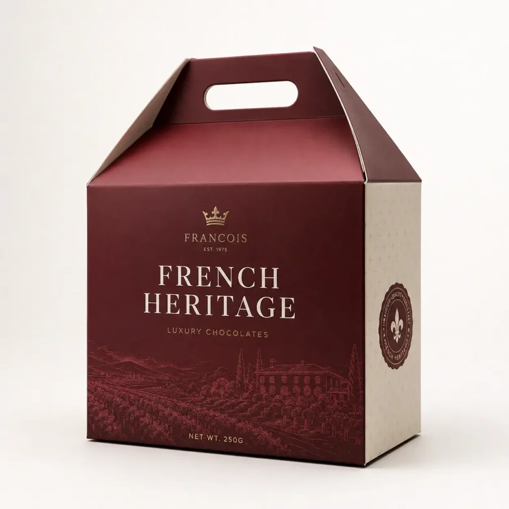 Francois French Heritage luxury chocolate gift box, burgundy gable packaging with gold foil typography, 250g premium chocolates
