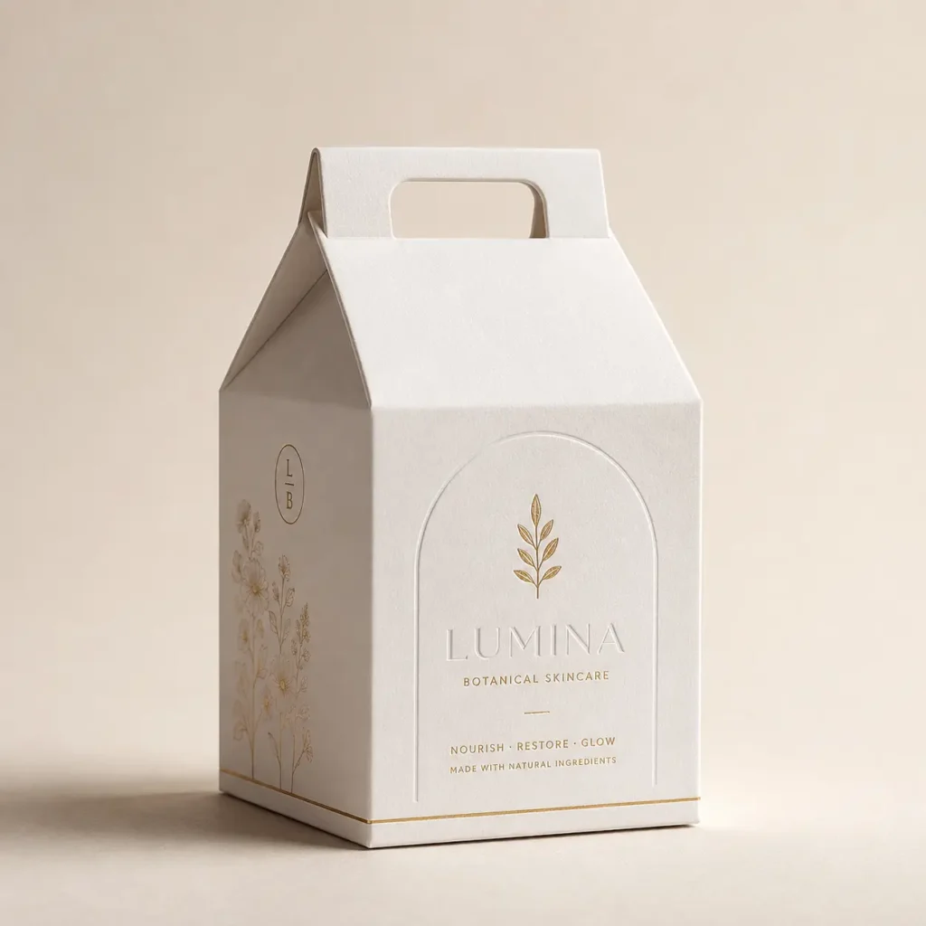 Elegant white Lumina Botanical Skincare gift box with gold foil botanical design, gable handle, luxury custom packaging