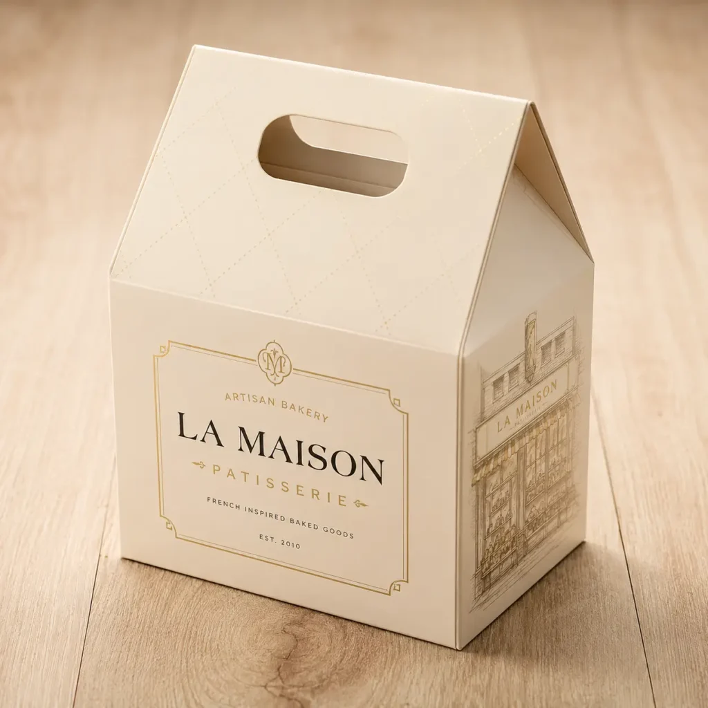 Elegant cream gable bakery box with gold foil La Maison Patisserie branding, custom pastry packaging design on wood surface